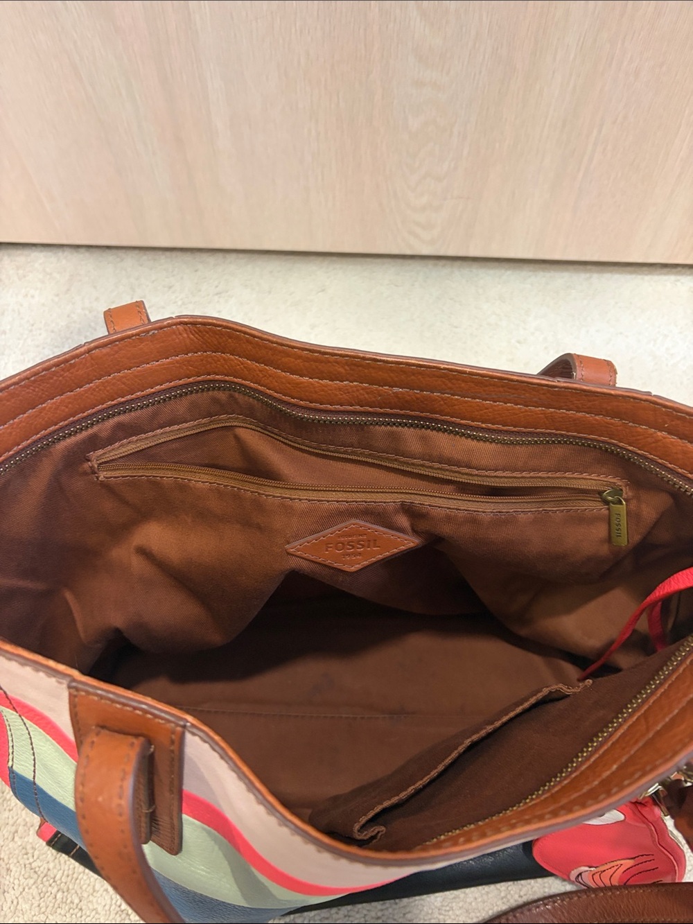 Fossil Multicolor Leather Shoulder Tote with Parrot Charm - Picture 3 of 5